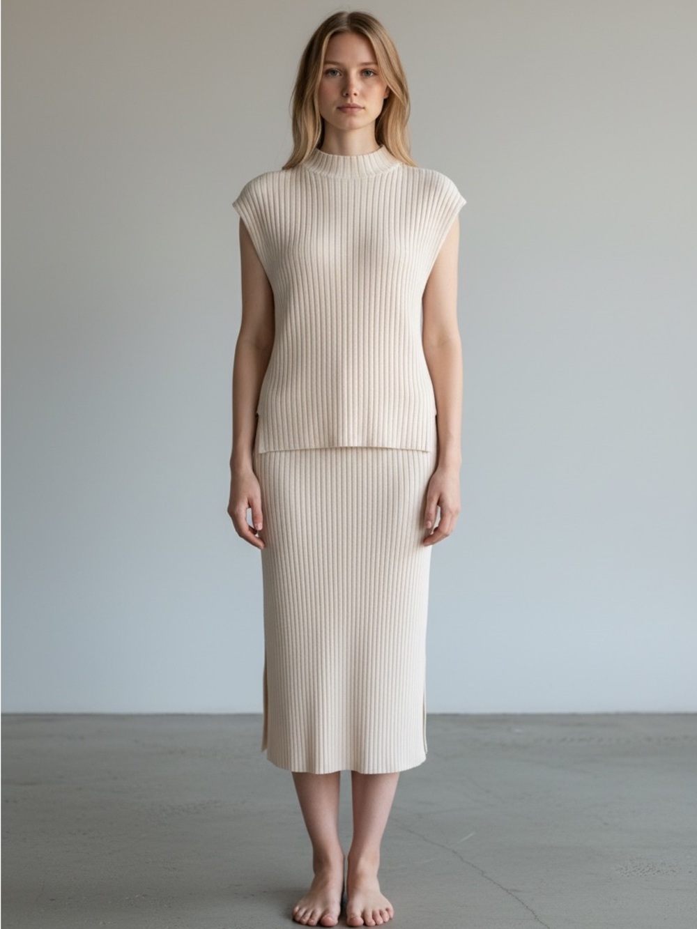 H&M Cream Ribbed Midi Skirt and sweater matching Set